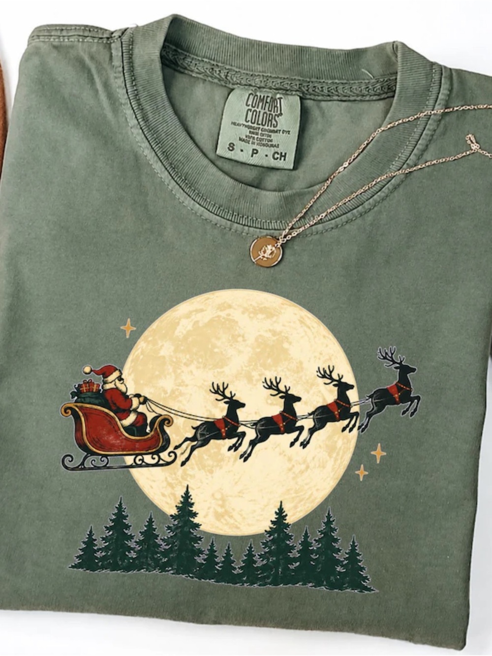 Comfort Colors Moss Green Santa Sleigh Holiday Tee